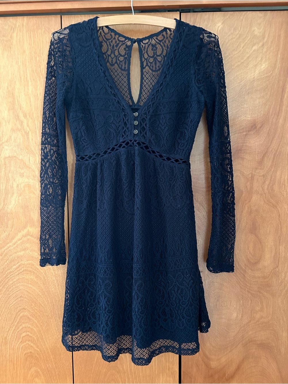Hollister Lace V-Neck Long Sleeve Mini Dress in Navy